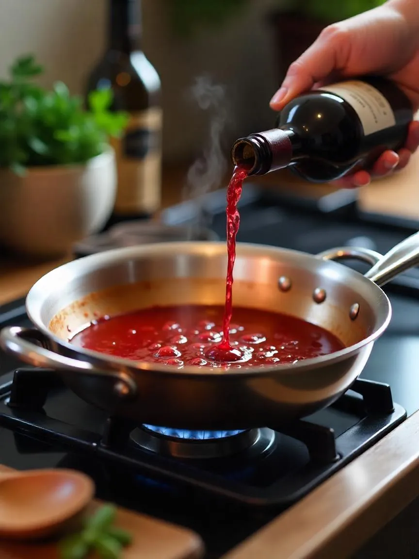 Red wine being poured into a pan with a simmering sauce, illustrating the cooking myth that alcohol fully evaporates during the process.