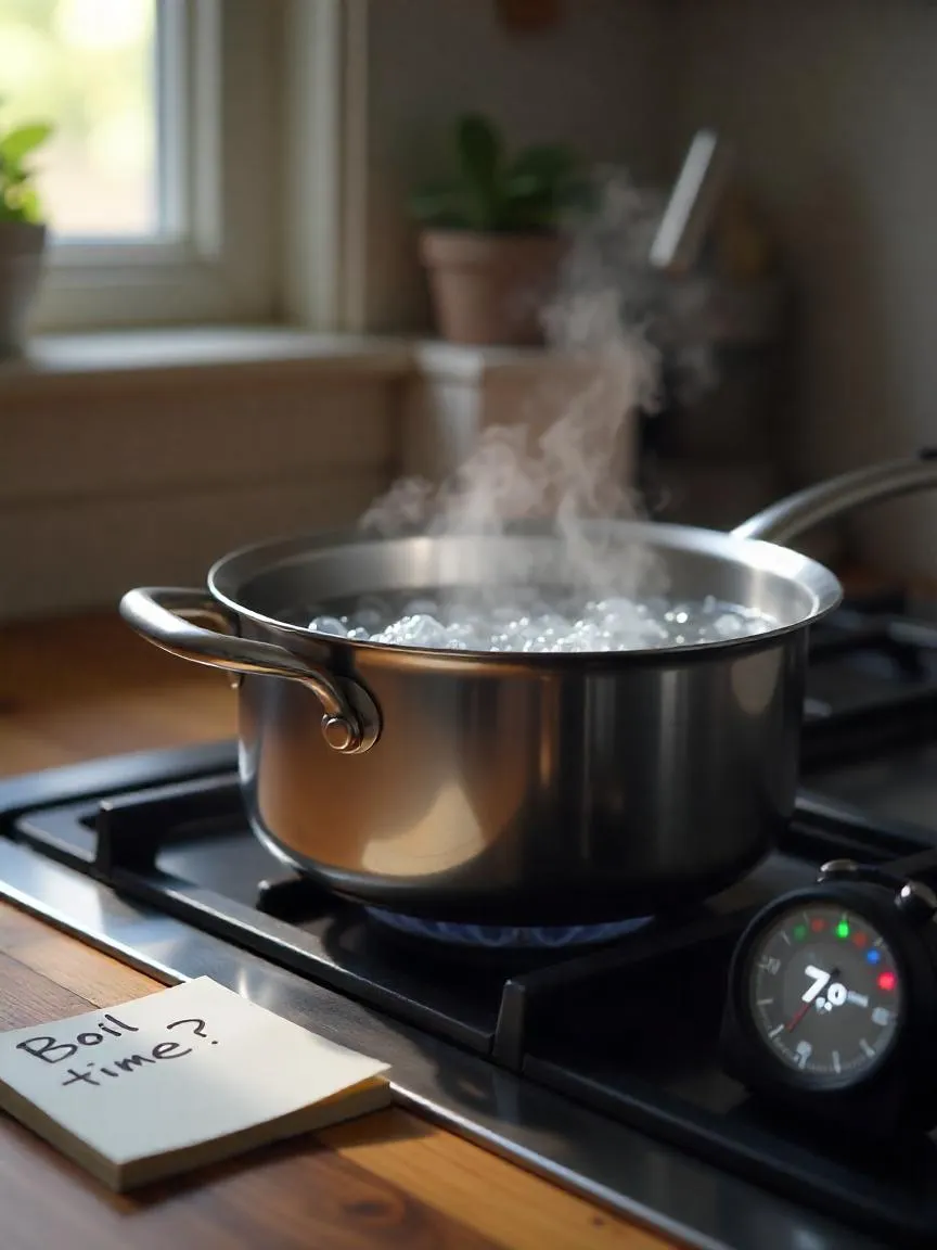 Pot of water on a stove starting to boil with a timer showing seven minutes, illustrating that boiling water often takes longer than the commonly believed five minutes.