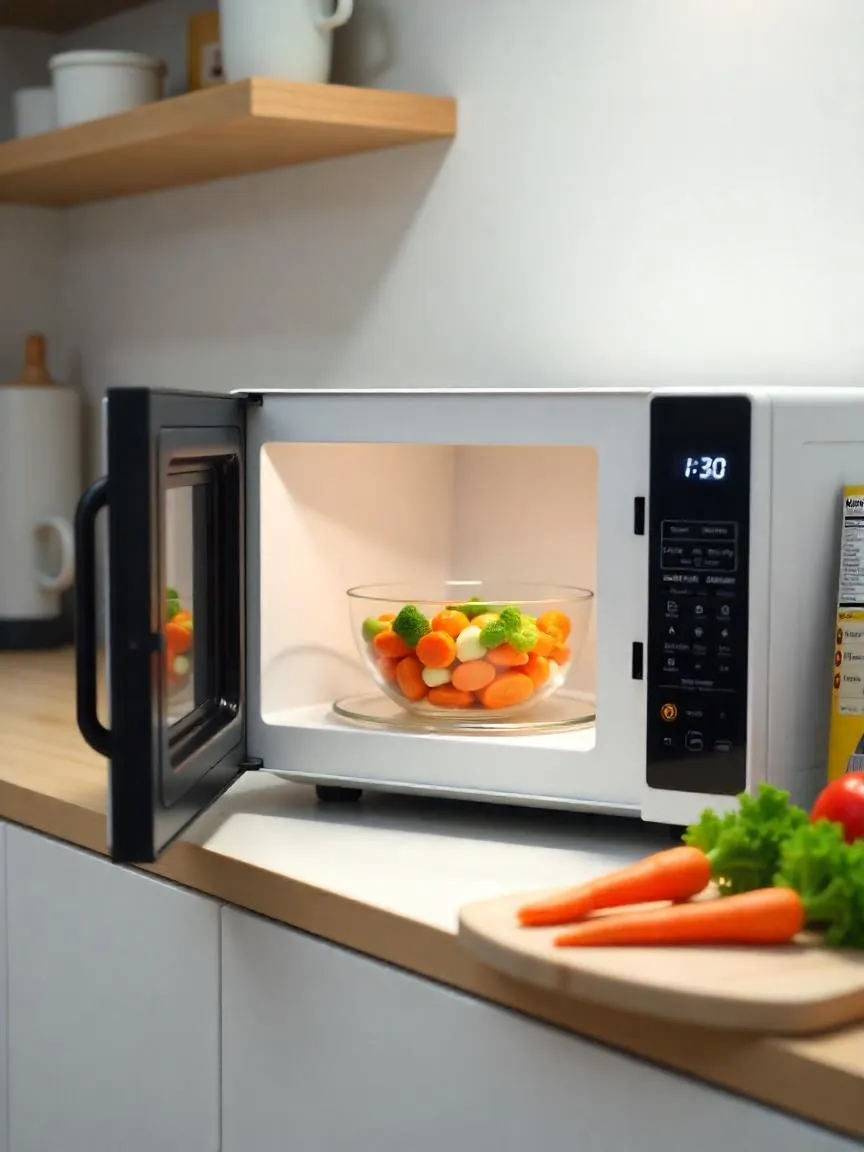 Colorful steamed vegetables inside an open microwave, challenging the myth that microwaving food destroys all nutrients.
