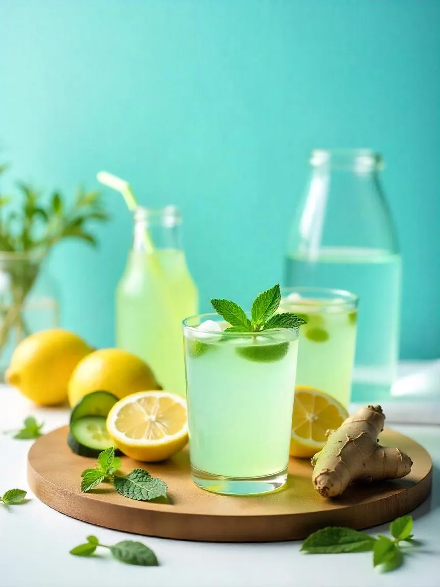 A colorful flat-lay of detox ingredients like citrus, leafy greens, ginger, turmeric, mint, and berries arranged around a glass bottle, symbolizing natural energy, digestion, and organ support.