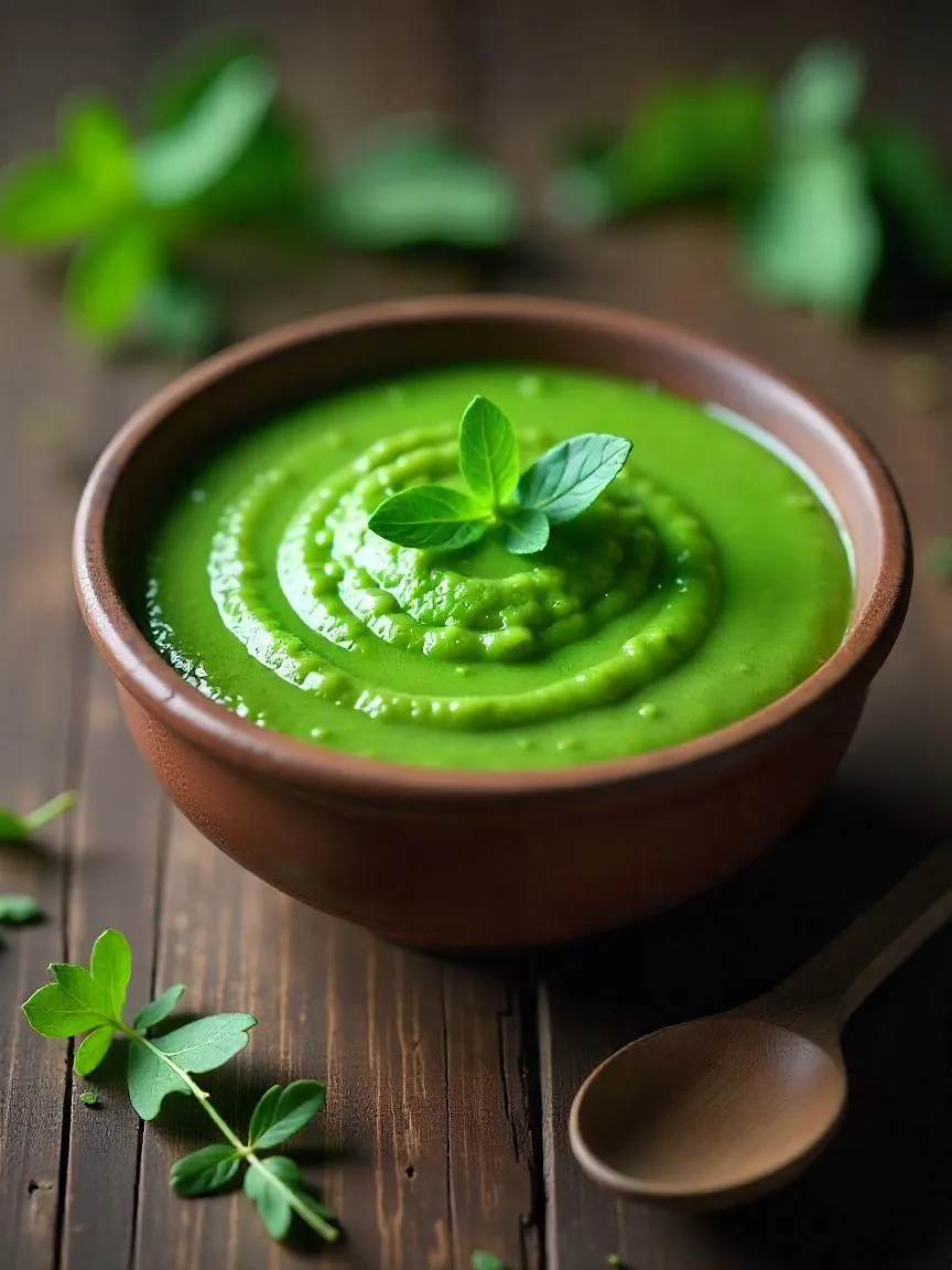 Photorealistic image of ancient nettle pudding in a rustic ceramic bowl, surrounded by wild herbs on a wooden table with a wooden spoon beside it.