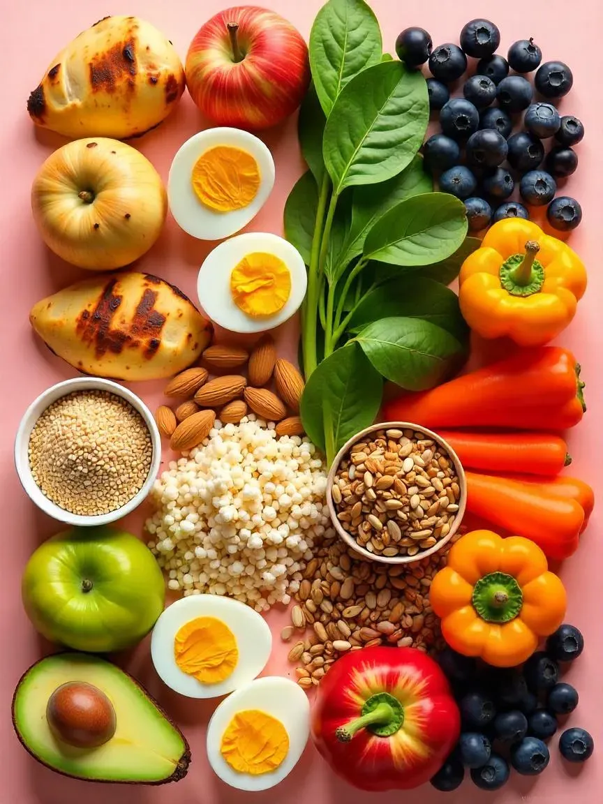Flat-lay image of macronutrient and micronutrient-rich foods like chicken, eggs, fruits, vegetables, grains, seeds, and dairy products.