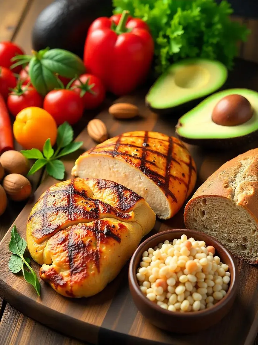 Balanced nutrition table with proteins, healthy fats, whole grains, fruits, and vegetables for recovery.

