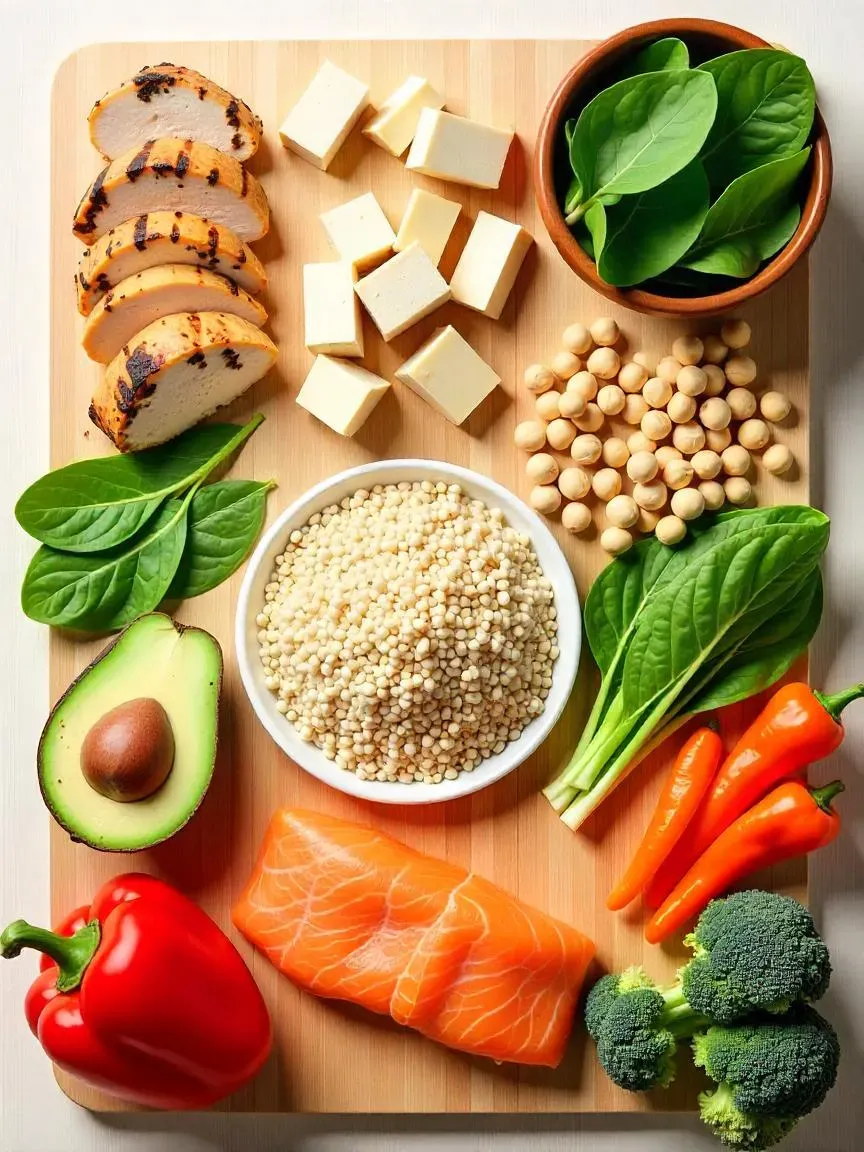 Assortment of protein-rich ingredients: chicken, tofu, quinoa, chickpeas, salmon, avocado, greens, and colorful vegetables.