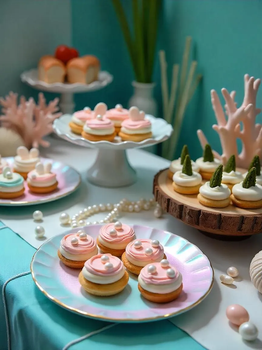 Seashell pastries, mousse with edible pearls, and seaweed snacks on iridescent plates with coral and pearl décor in a pastel ocean-themed café