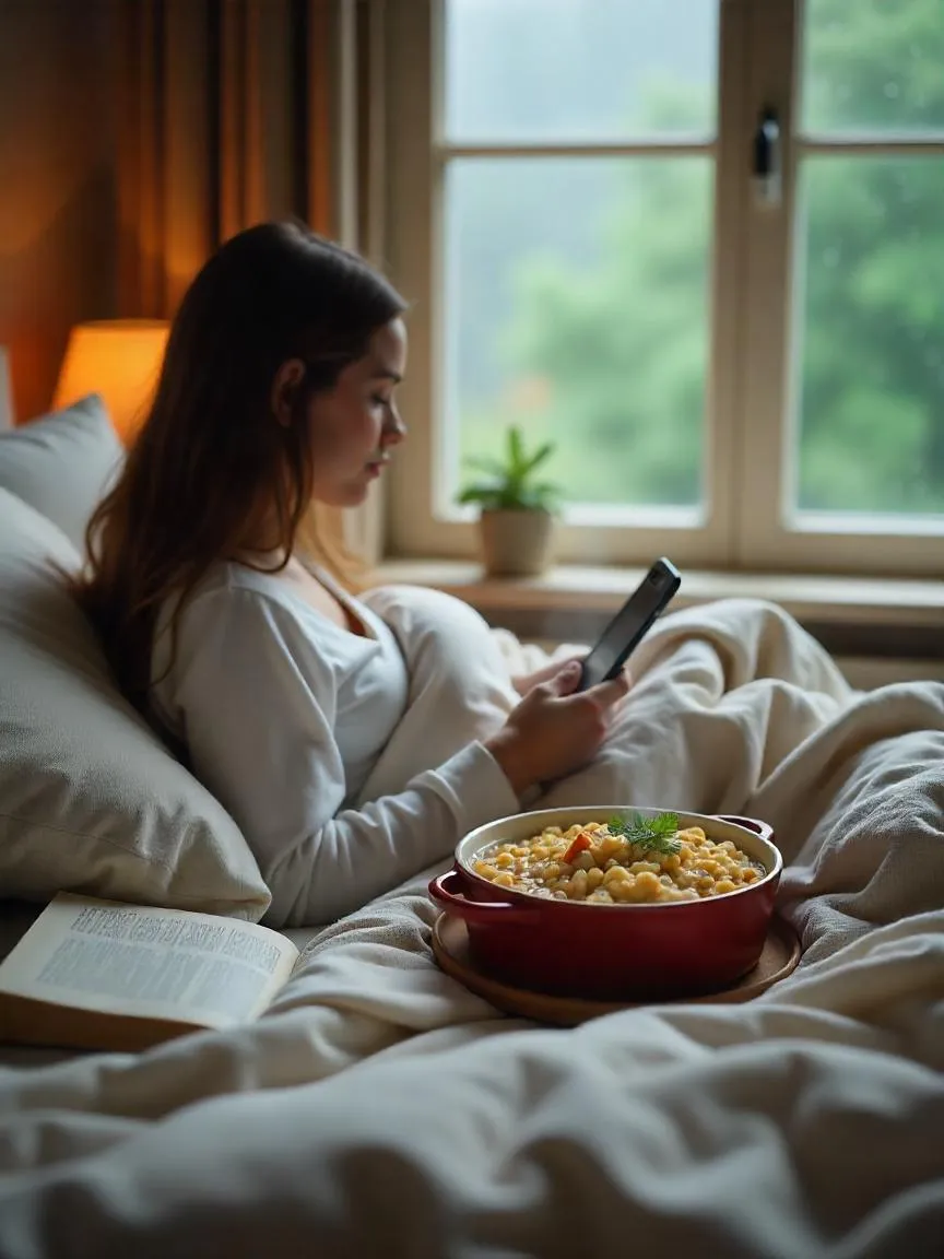 A cozy one-pot meal like risotto or pot pie served in bed with a warm blanket, soft lighting, and a rainy window in the background. 
