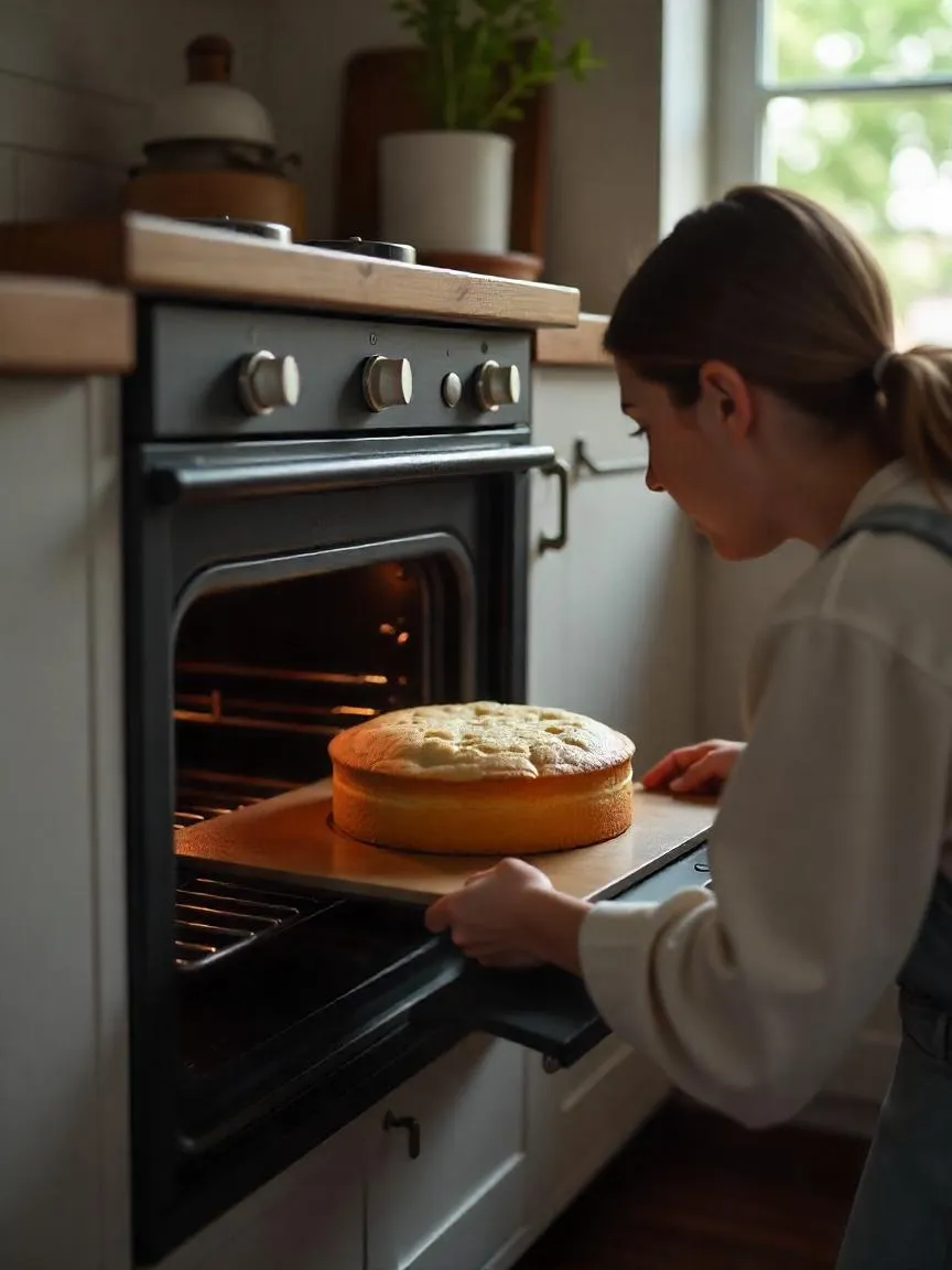 A baker peeking into an oven with a cake still rising properly, illustrating that briefly opening the oven door does not always ruin a cake.