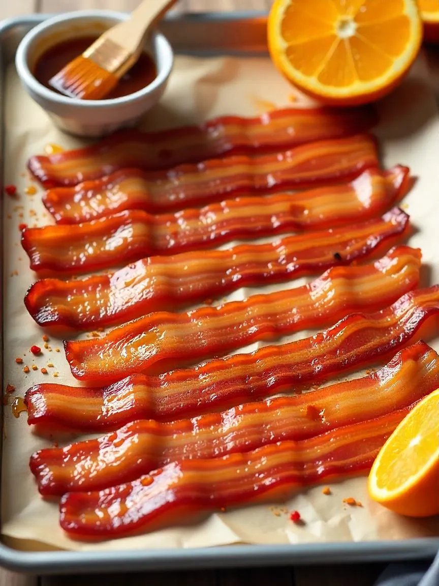 Strips of crispy bacon glazed with a shiny orange sauce, arranged neatly on a baking tray lined with parchment paper.