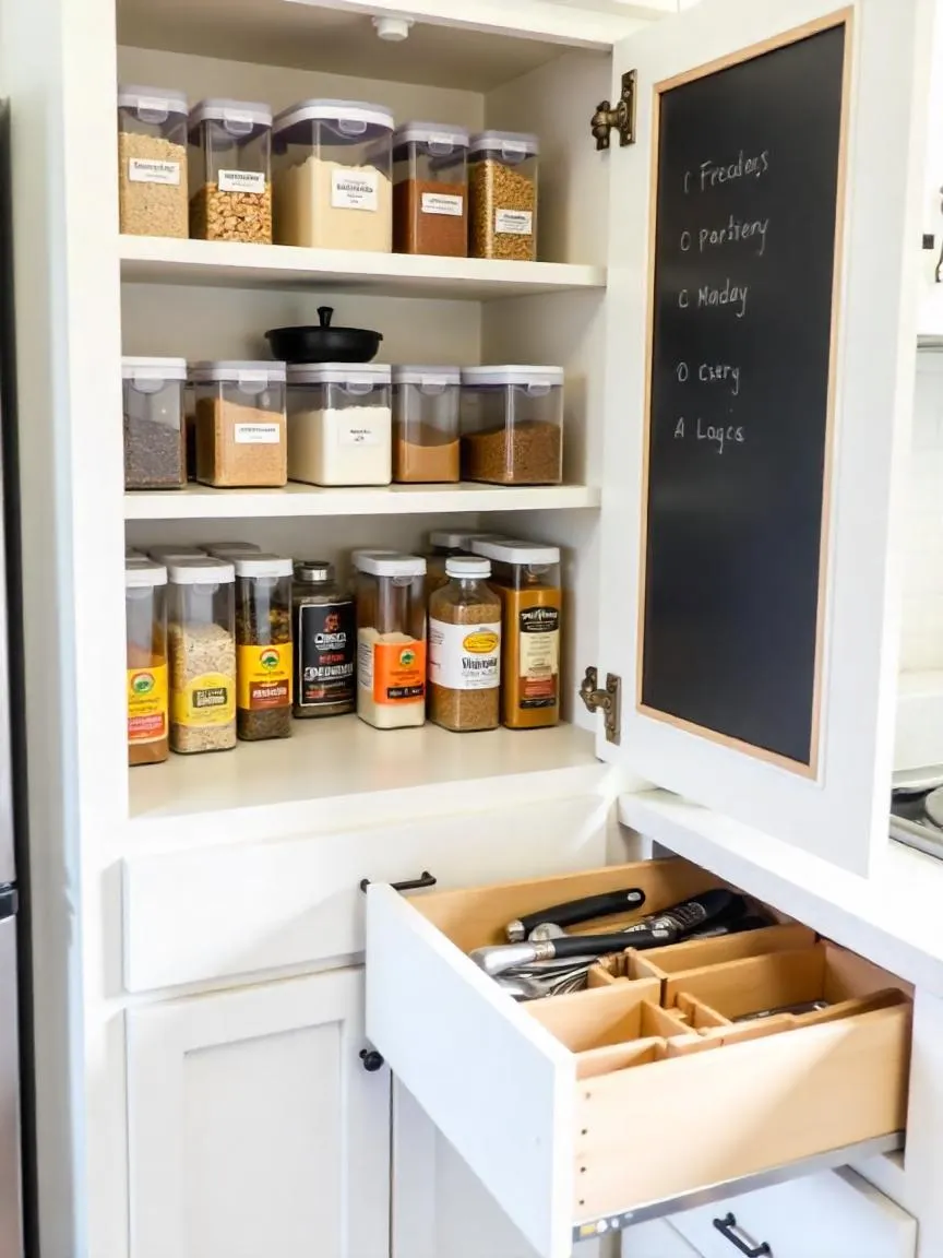Organized kitchen pantry with labeled containers and utensil drawers using smart storage solutions like lazy Susans and drawer dividers.