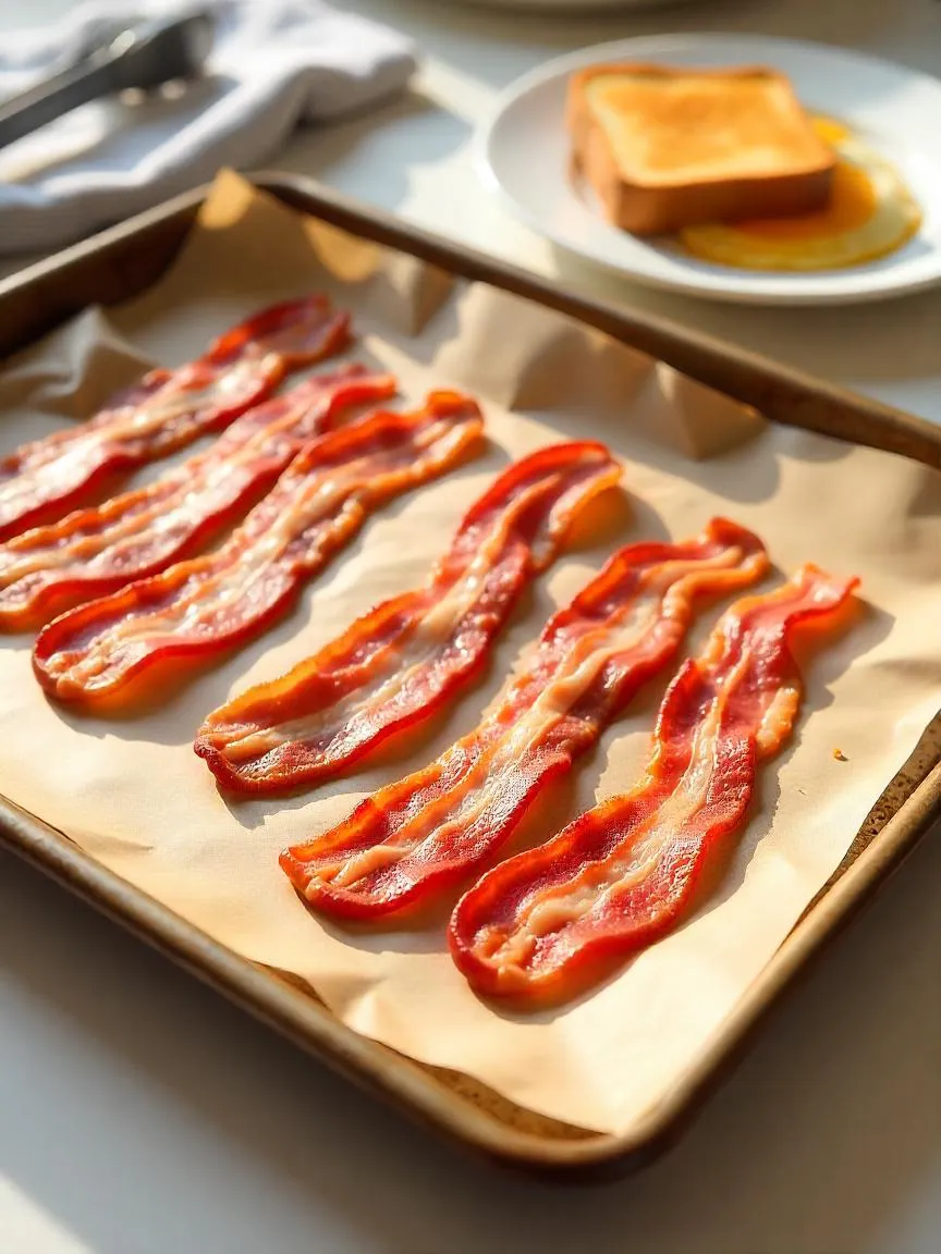Crispy oven-baked bacon on a tray with a breakfast plate beside it, featuring bacon, eggs, and toast on a kitchen counter.