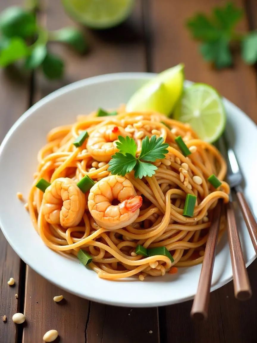 Plate of freshly cooked Pad Thai with shrimp, bean sprouts, peanuts, lime wedges, and cilantro on a rustic wooden table.

