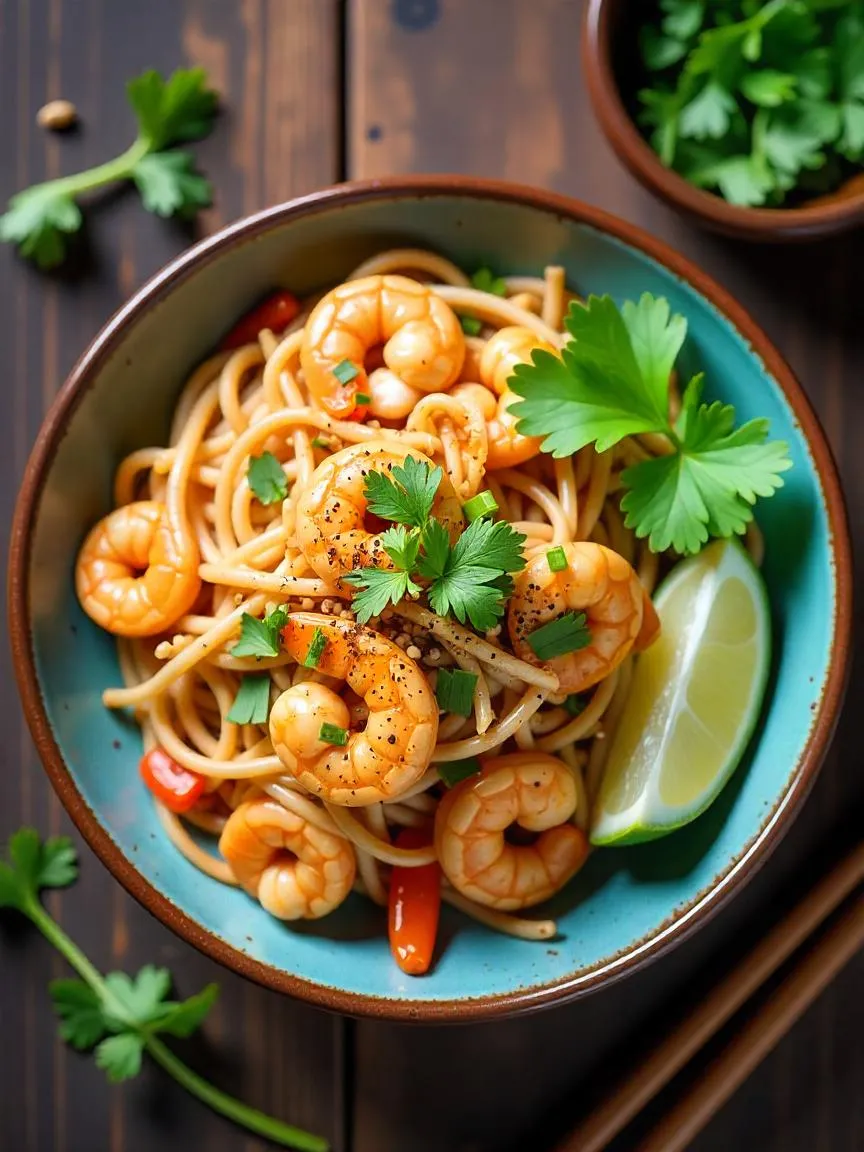 Traditional Pad Thai with shrimp, peanuts, bean sprouts, and lime in a Thai ceramic dish.