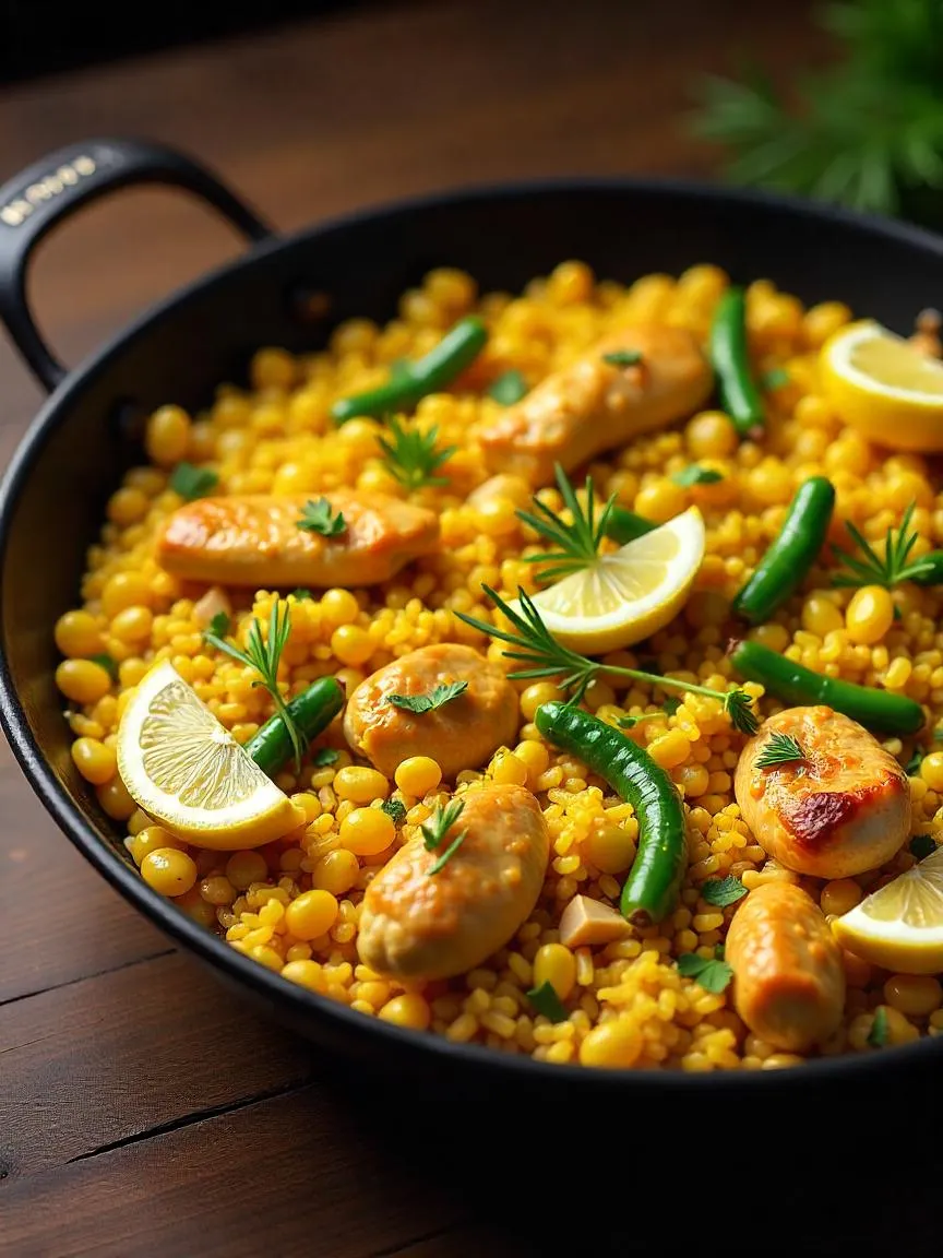 Paella Valenciana with bomba rice, chicken, green beans, saffron rice, and lemon wedges in a traditional paella pan.

