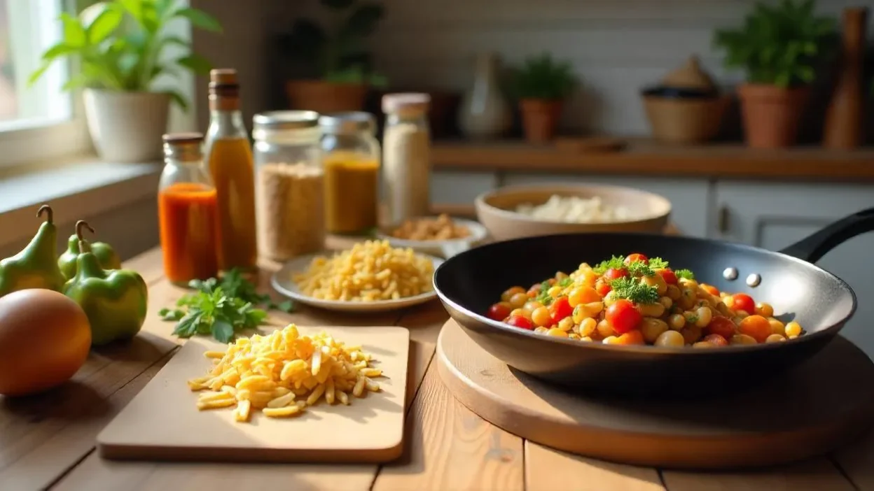 Cozy home kitchen with pantry staples and fridge leftovers being turned into a homemade meal on a wooden table
