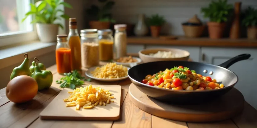 Cozy home kitchen with pantry staples and fridge leftovers being turned into a homemade meal on a wooden table