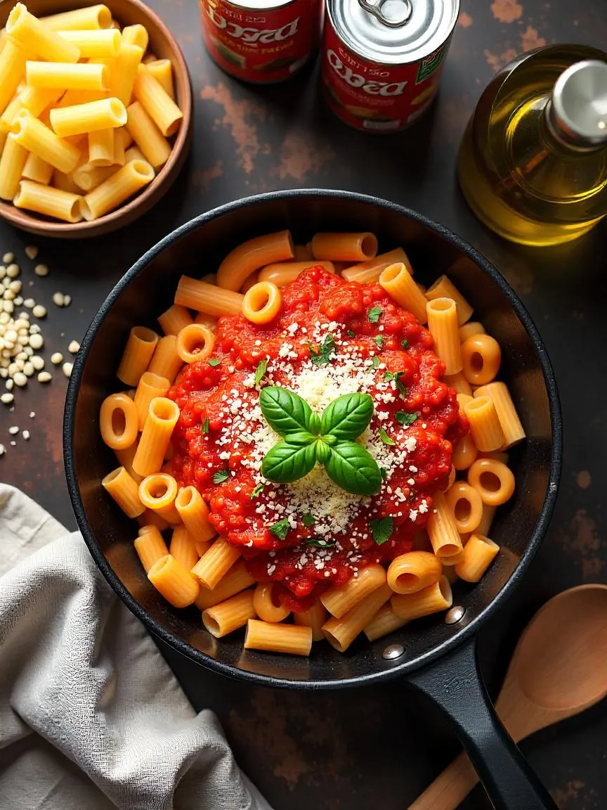 A variety of pantry pasta meal ideas displayed on a table, featuring dishes made with dried pasta, canned tomatoes, beans, and simple seasonings.