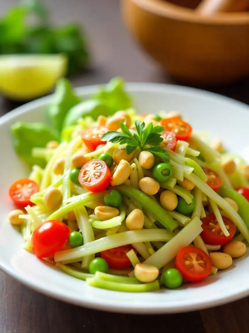 Thai Papaya Salad with shredded green papaya, tomatoes, green beans, peanuts, chilies, and lime wedges on a white plate.

