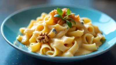 A creamy pasta dish made with tender noodles, rich cream sauce, and chunks of bold Danish Danablu blue cheese.