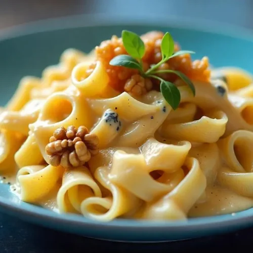 A creamy pasta dish made with tender noodles, rich cream sauce, and chunks of bold Danish Danablu blue cheese.