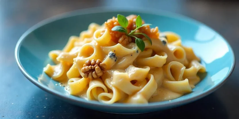 A creamy pasta dish made with tender noodles, rich cream sauce, and chunks of bold Danish Danablu blue cheese.