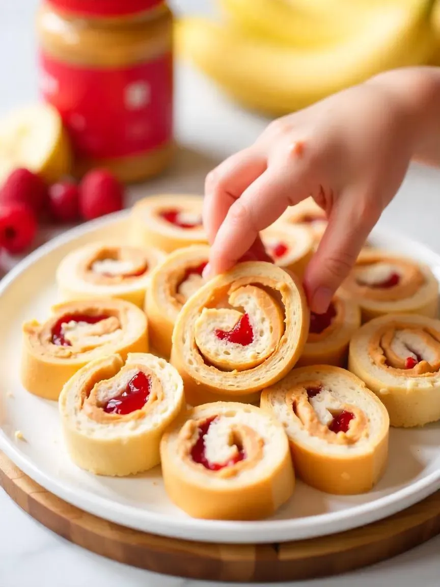 Peanut butter and jelly roll-ups sliced into pinwheels, with peanut butter, jelly, bananas, and berries in the background.

