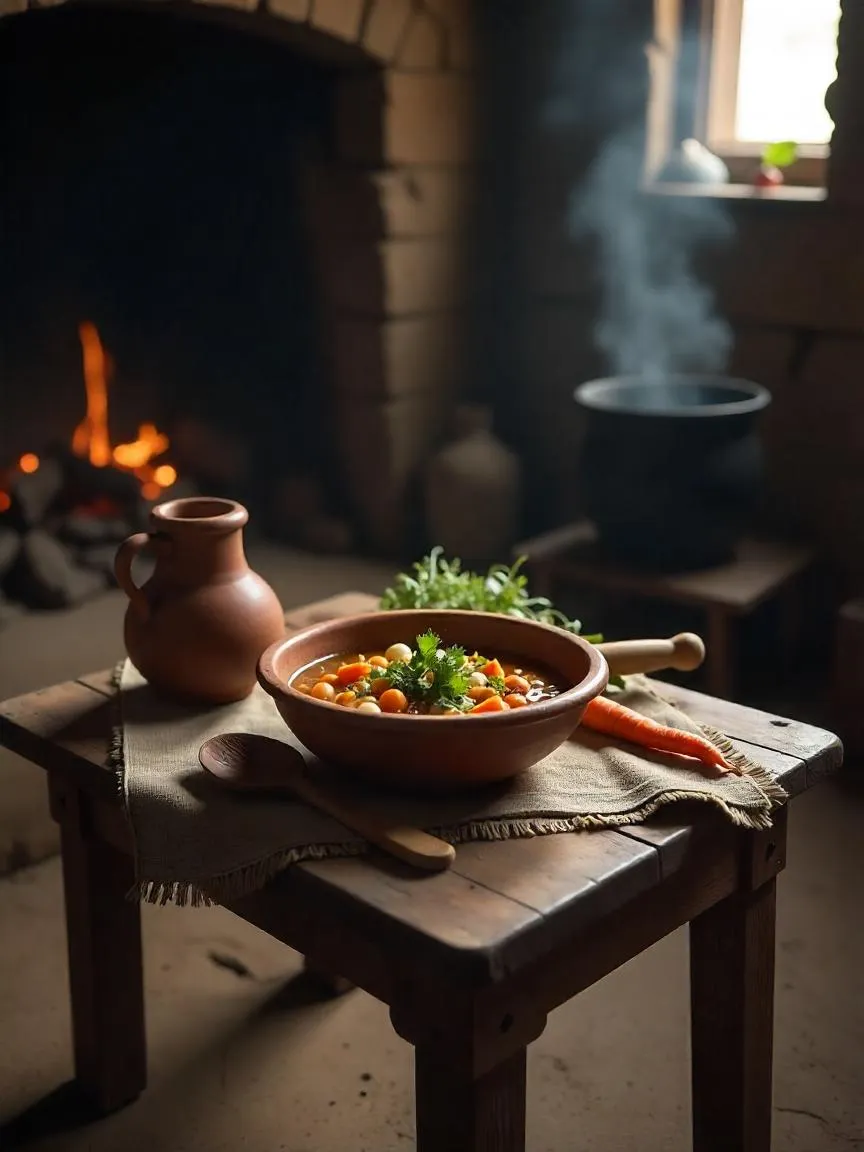 Photorealistic image of a medieval peasant meal with pottage, dark bread, root vegetables, and a simple kitchen setting.