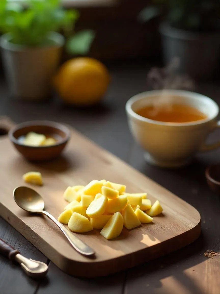 Freshly peeled and sliced ginger on a cutting board next to a spoon, served alongside ginger tea with lemon and honey.