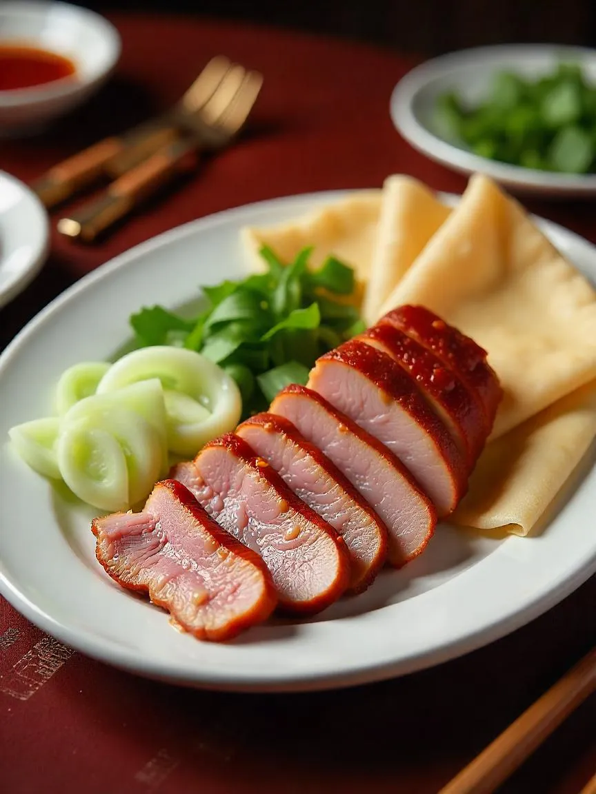 Sliced Peking Duck with crispy skin, pancakes, green onions, and hoisin sauce.