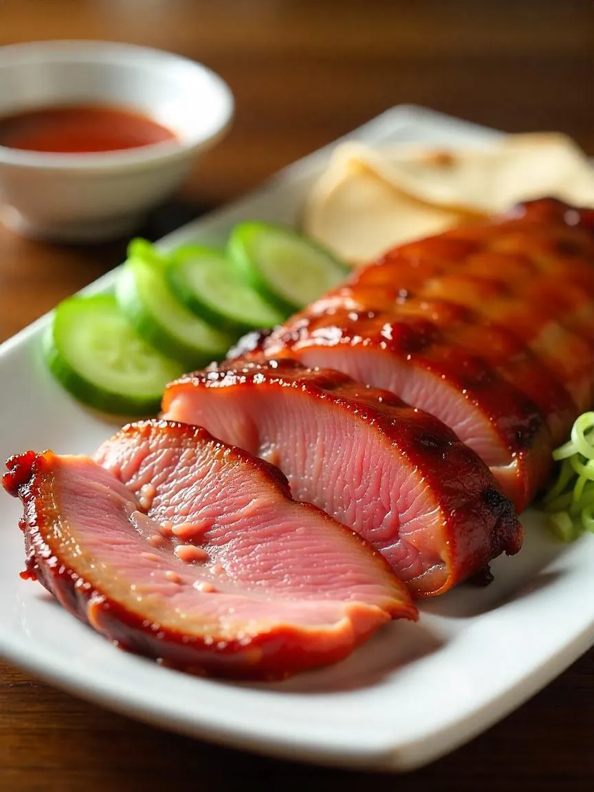 Sliced Peking Duck served with pancakes, cucumbers, scallions, and hoisin sauce on a wooden table.