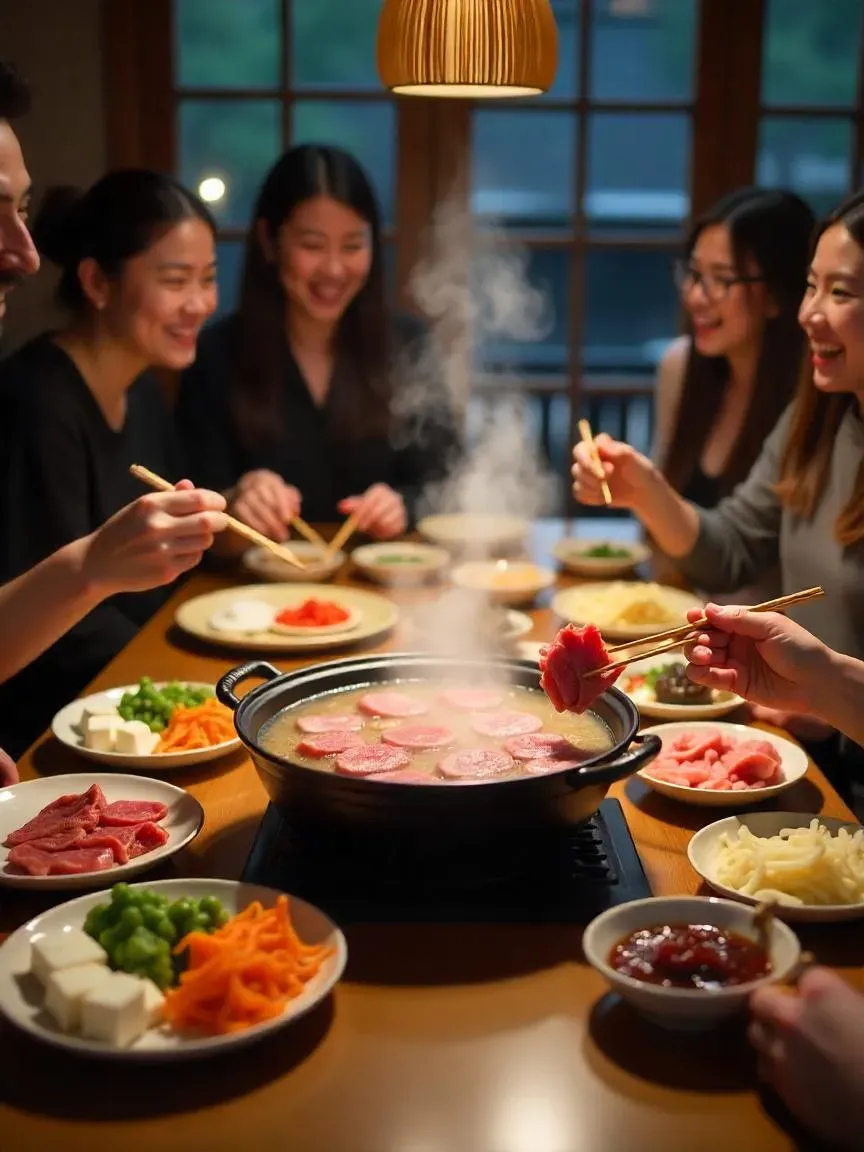 Close-up of a shabu shabu meal showing thin slices of beef being dipped into a bubbling hot pot, accompanied by fresh vegetables and sesame and ponzu sauces.