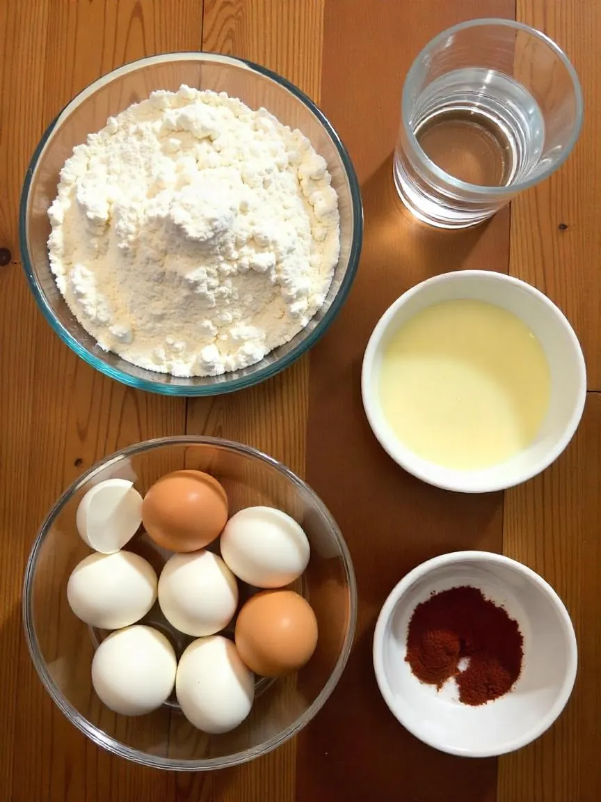 Ingredients for perogie dough including flour, eggs, sour cream, melted butter, salt, and water on a rustic kitchen counter