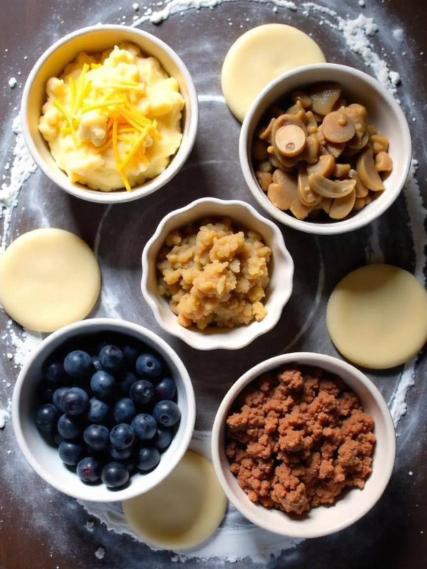 An assortment of pierogi fillings displayed in small bowls, including mashed potatoes, cheese, sauerkraut, mushrooms, and meat, highlighting traditional and creative variations.