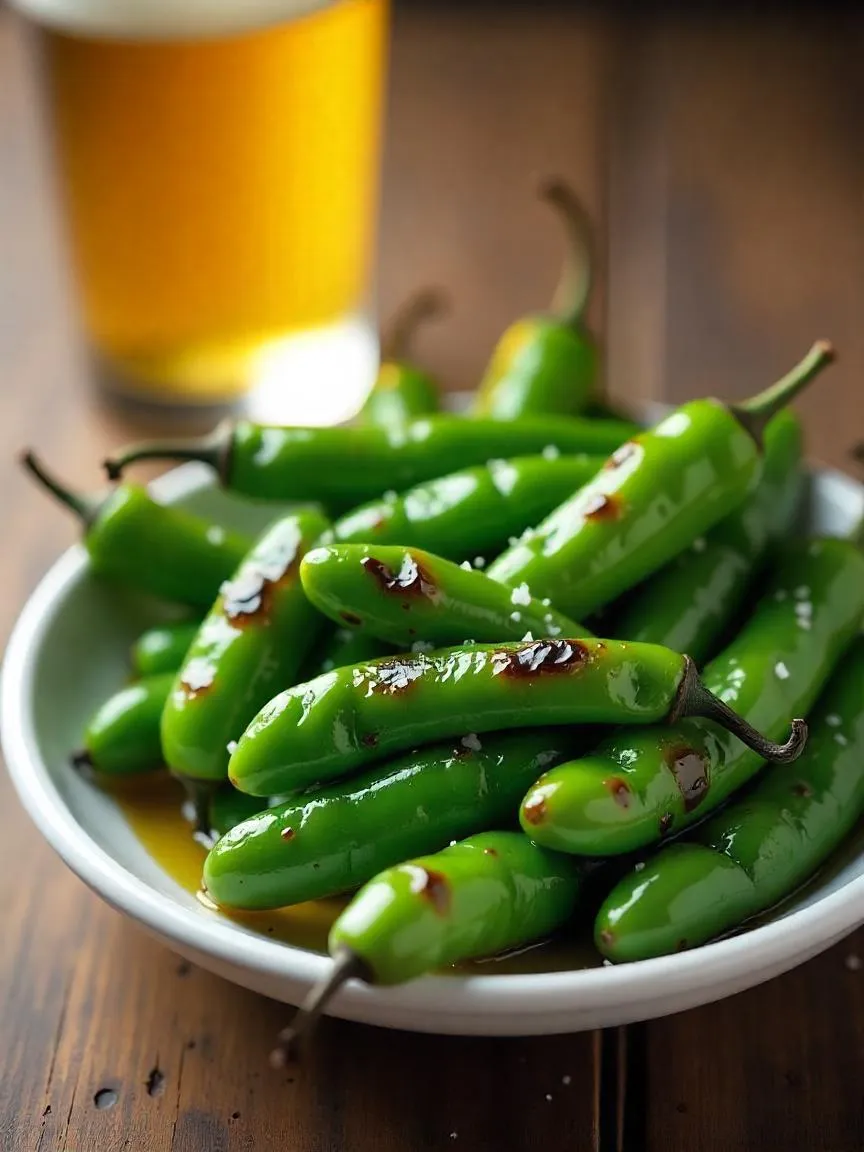 Blistered Pimientos de Padrón with sea salt served in a white bowl on a rustic wooden table with a glass of Spanish beer.

