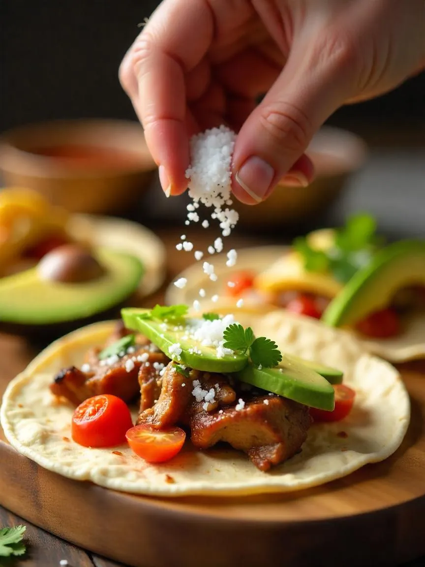 A hand sprinkling sea salt over tacos with meat, salsa, avocado, and cilantro on a wooden table.

