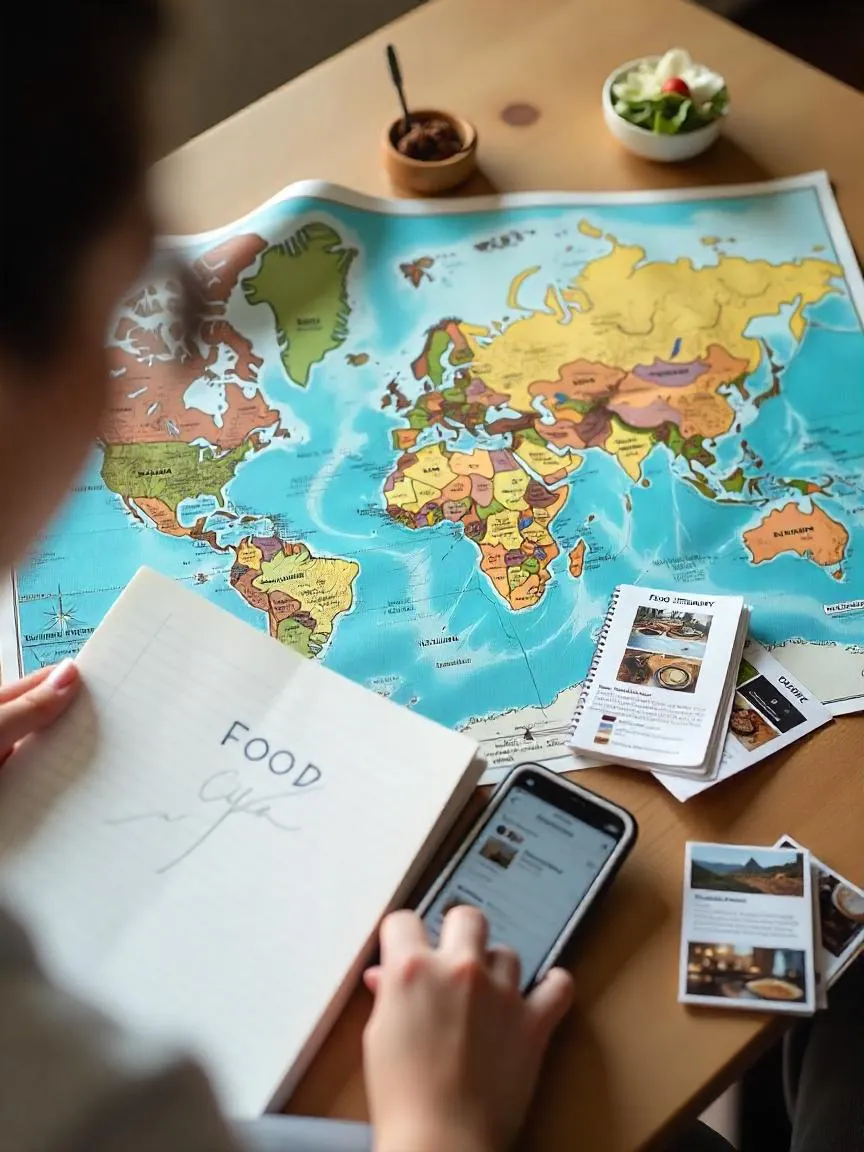 Traveler planning culinary adventure with map, food itinerary notebook, guidebooks, and food props on a table.

