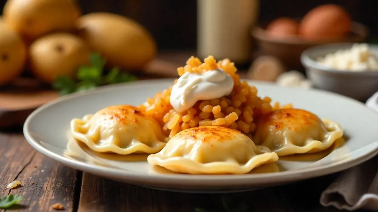 Homemade Polish perogies with sour cream and fried onions on a plate in a cozy kitchen with ingredients in the background