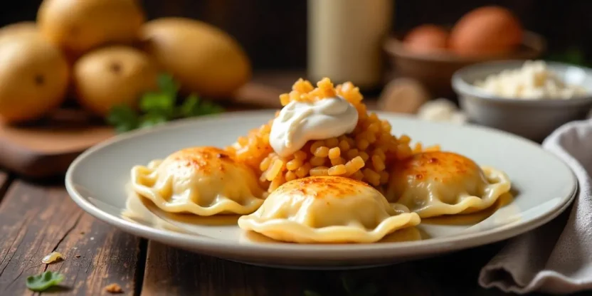 Homemade Polish perogies with sour cream and fried onions on a plate in a cozy kitchen with ingredients in the background