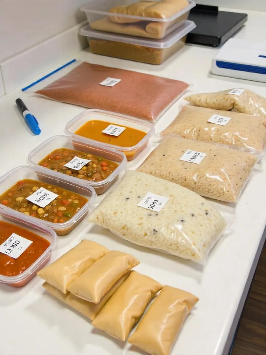 Pre-portioned homemade meals in labeled containers and bags, ready for freezer storage with vacuum sealer and labels.