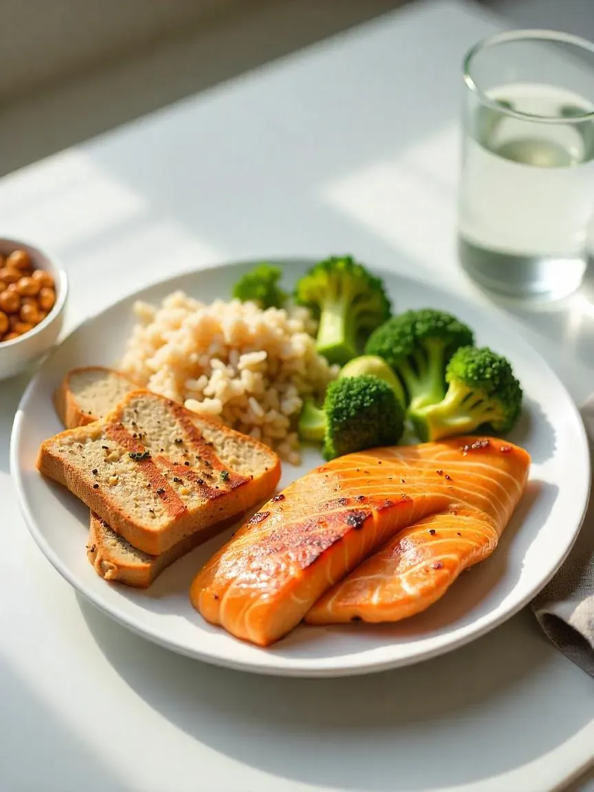 Post-surgery recovery meal with chicken, salmon, lentils, whole grains, vegetables, avocado, and water.

