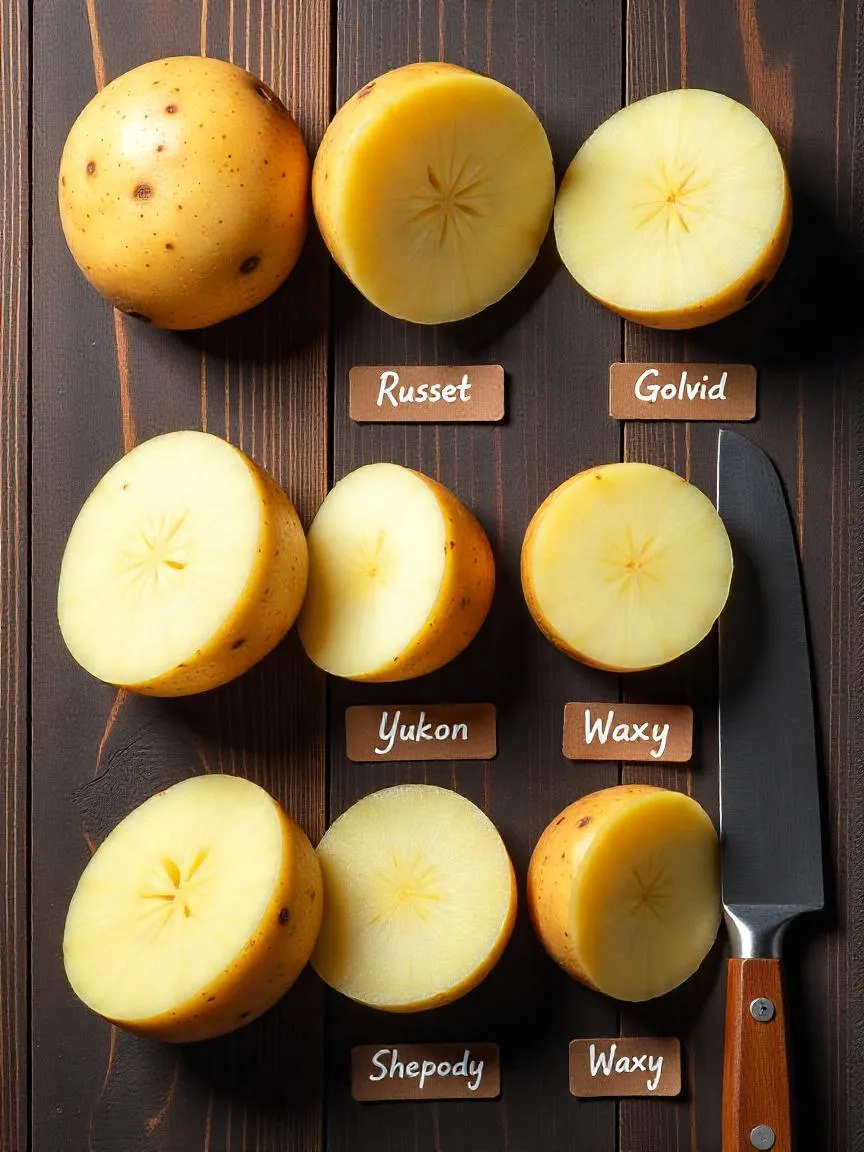 Top view of various potato types for homemade chips, including Russet, Yukon Gold, and Shepody, displayed on a rustic surface.