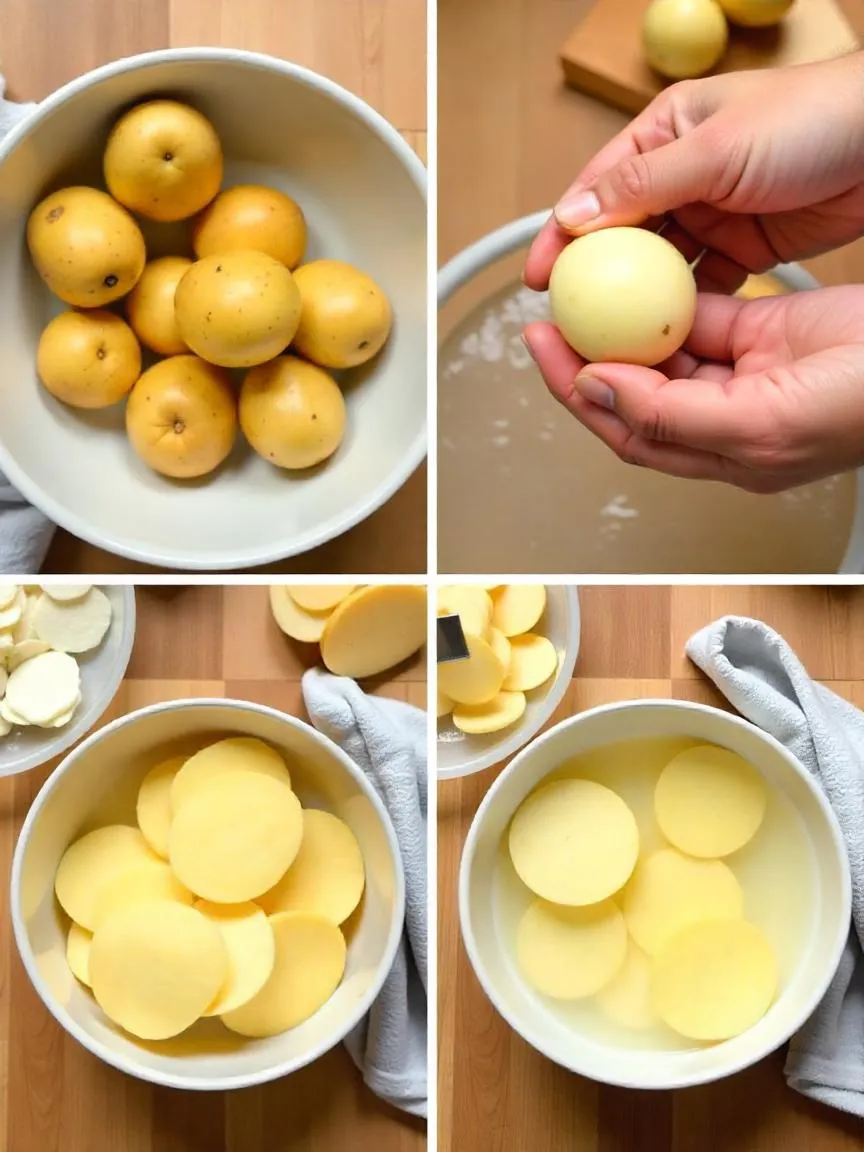Step-by-step preparation of potatoes for chips: washing, peeling, slicing, and soaking in water.
