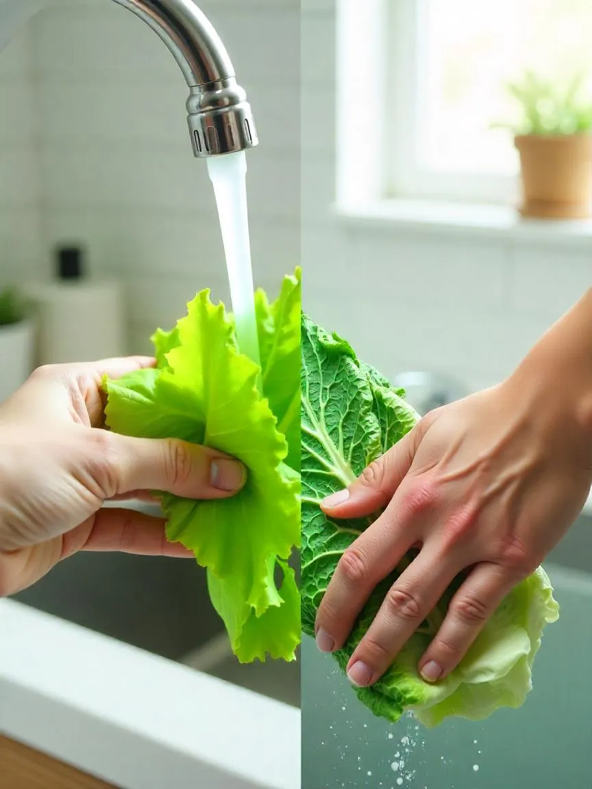 Split image showing leafy greens being rinsed with water on one side and hidden dirt in vegetable crevices on the other, illustrating washing limitations. 