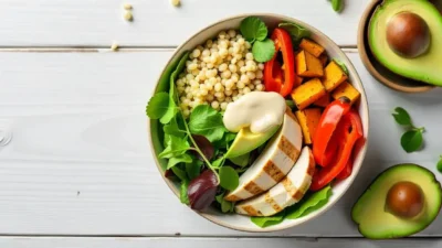 Colorful protein bowl with grilled chicken, quinoa, greens, avocado, bell peppers, and sweet potatoes.