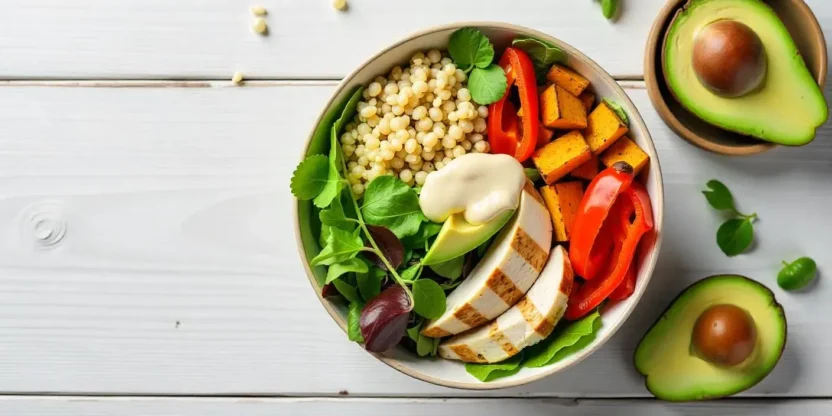 Colorful protein bowl with grilled chicken, quinoa, greens, avocado, bell peppers, and sweet potatoes.