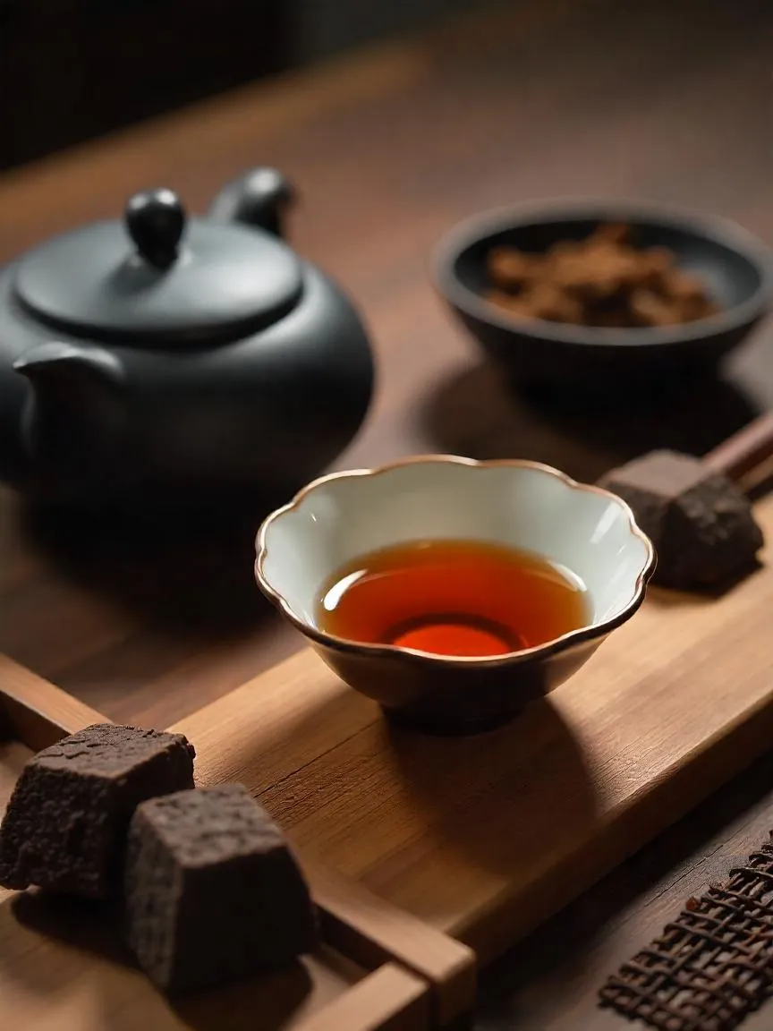 Traditional Pu-erh tea with tea cake pieces, Yixing teapot, and amber-colored brewed tea on a bamboo tea tray.