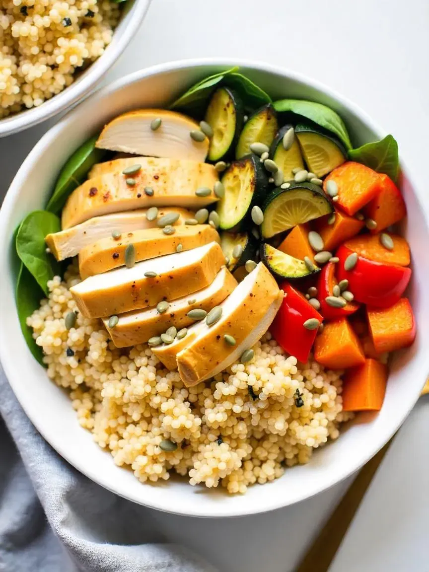 Quinoa chicken bowl with roasted sweet potatoes, zucchini, bell peppers, spinach, and maple dijon dressing.