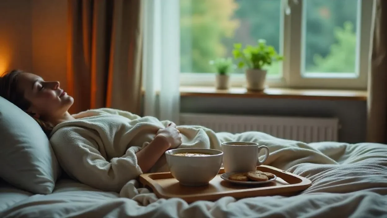 Person in bed on a rainy day with a tray of soup, tea, and cookies, next to a window with raindrops and soft cozy lighting.