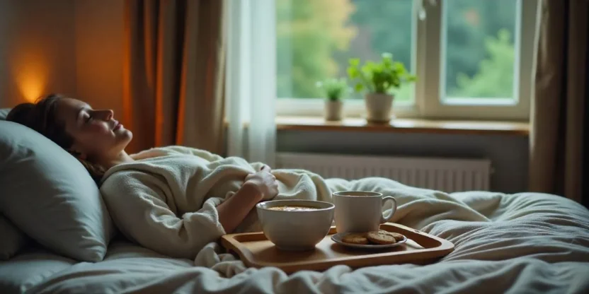 Person in bed on a rainy day with a tray of soup, tea, and cookies, next to a window with raindrops and soft cozy lighting.