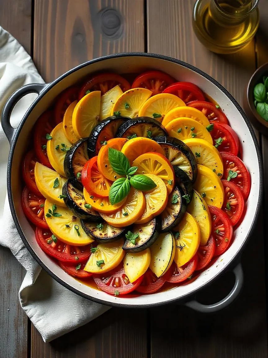 Spiral-patterned Ratatouille with sliced zucchini, eggplant, tomatoes, and squash in a round dish, garnished with herbs on a wooden table.

