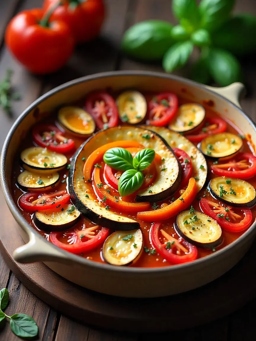 Spiral Ratatouille with zucchini, eggplant, tomatoes, bell peppers, and fresh herbs in a ceramic dish on a rustic table.

